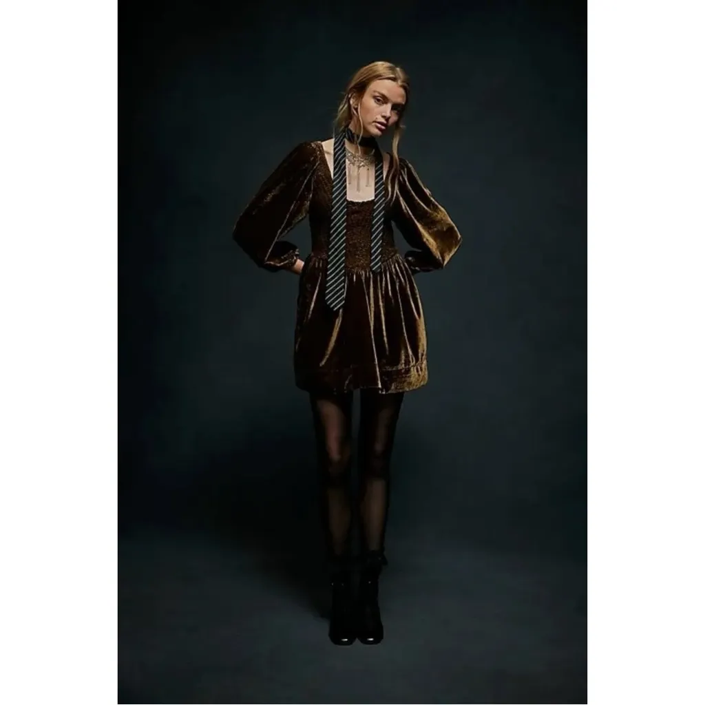 Free People Farrier Velvet Mini Dress in Brown Bear Size Medium Holidays Witchy - Image 8