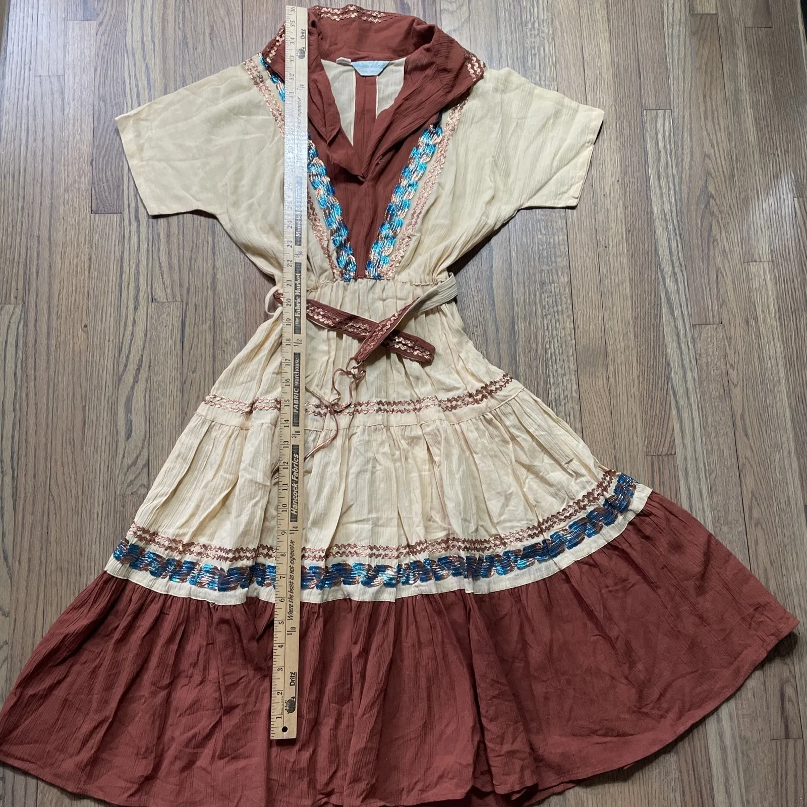 Patio Fiesta Dress VTG 1950s Western Dandees Apricot Cowgirl Brown SZ S/M 14 - Image 6