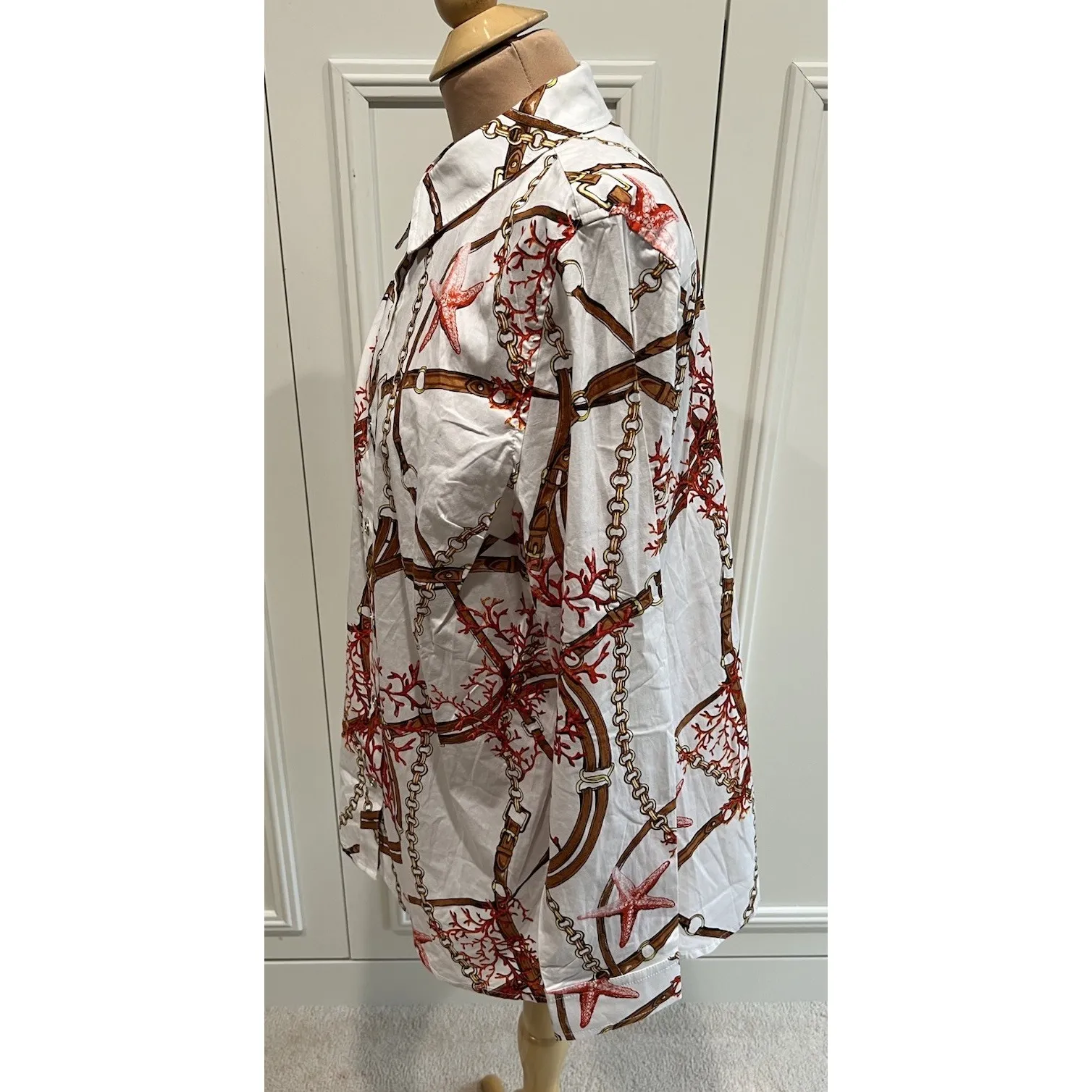 Susan Graver Bridle Coral Starfish Printed Button Up Shirt Artsy Equestrian - Image 5