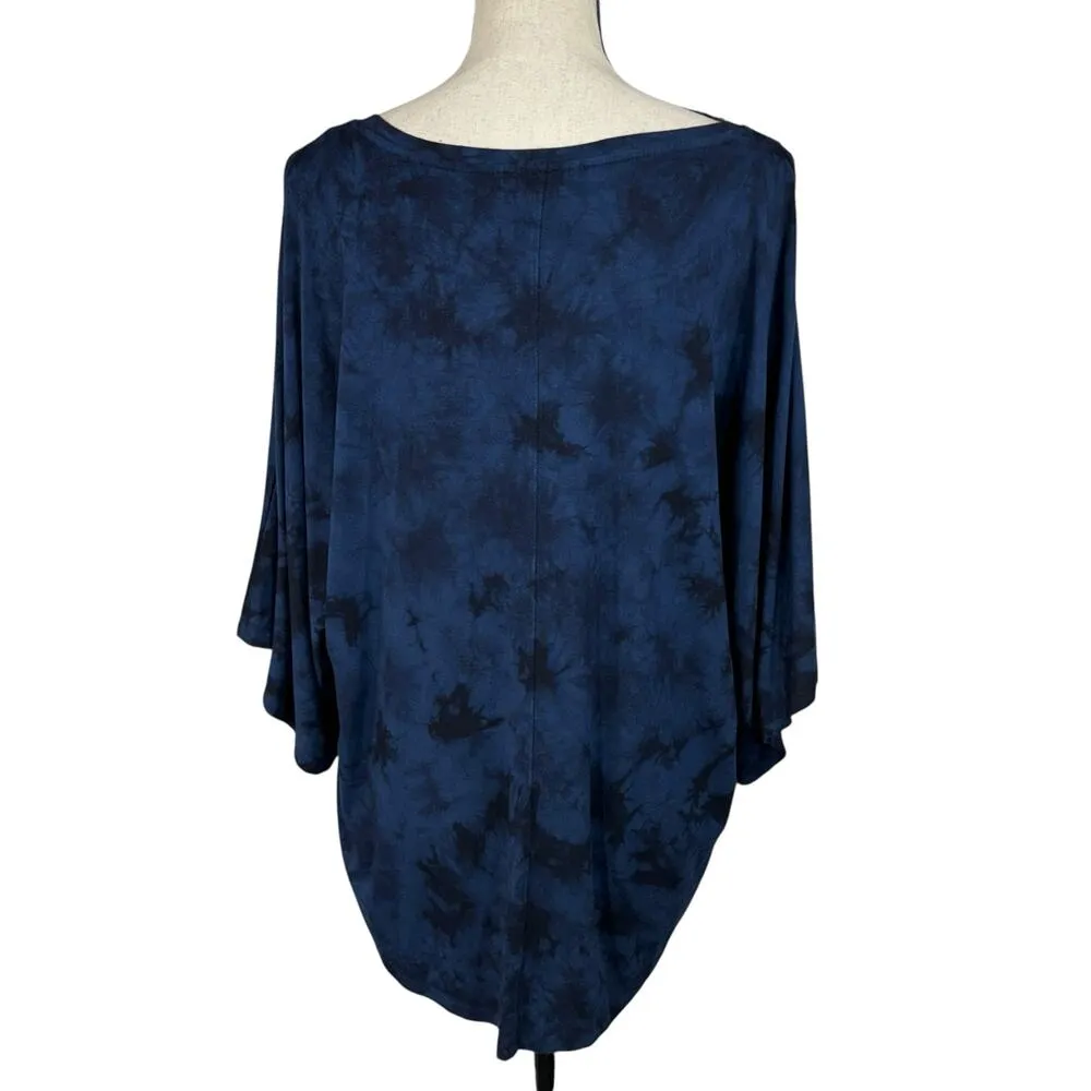 Tahari Medium Top Tie-Dye 3/4 Dolman Sleeves Stretch V-Neck Hi-Low Hem Navy Blue - Image 5