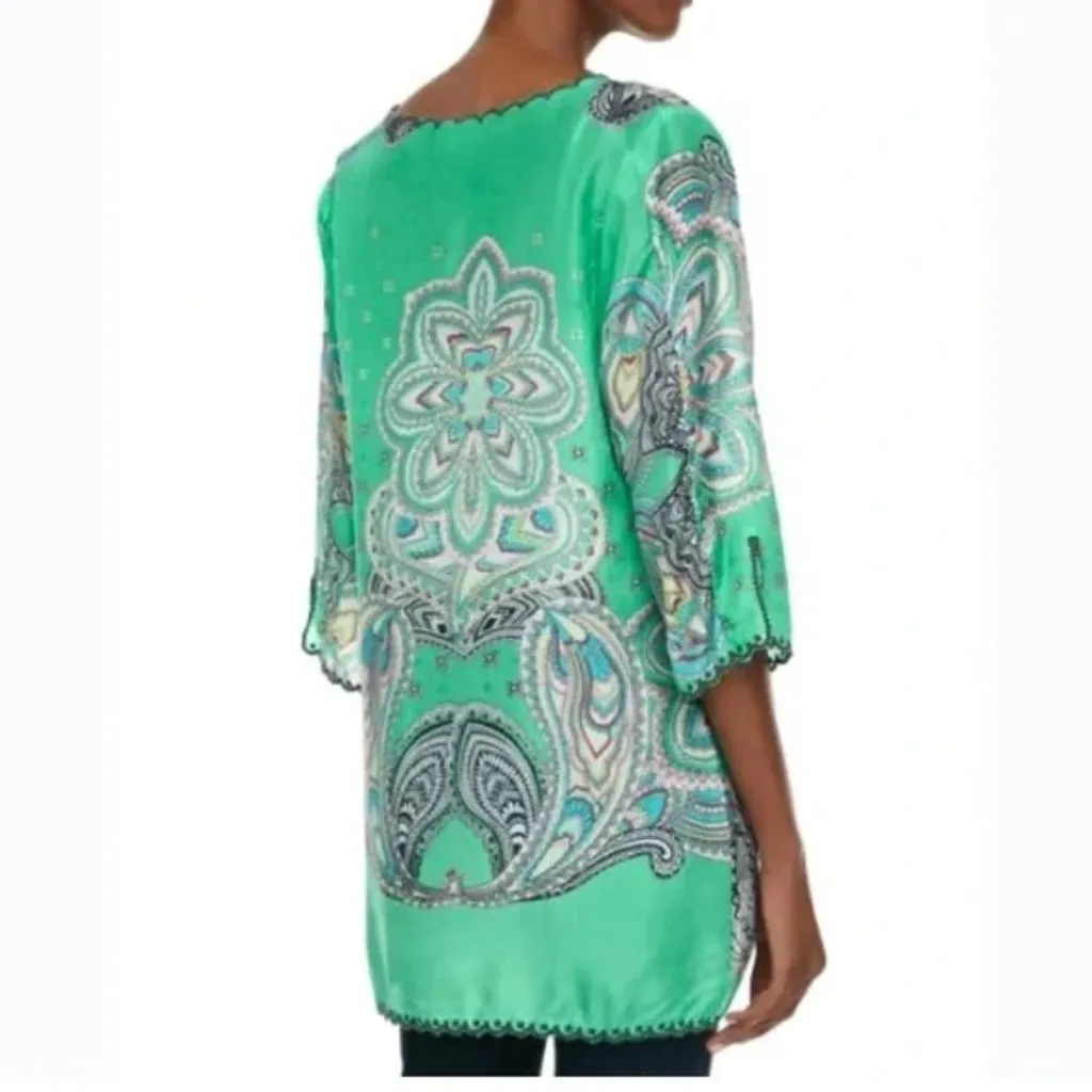 Johnny Was Green Silk Printed Tunic Blouse Size XXL - Image 2