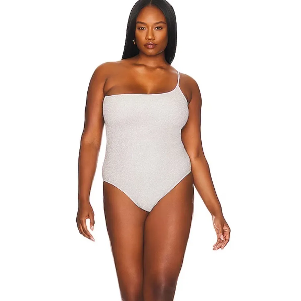 Good American 90s One Shoulder Hawaiian Large Pink Sparkle One Piece Swim Suit‎ - Image 3