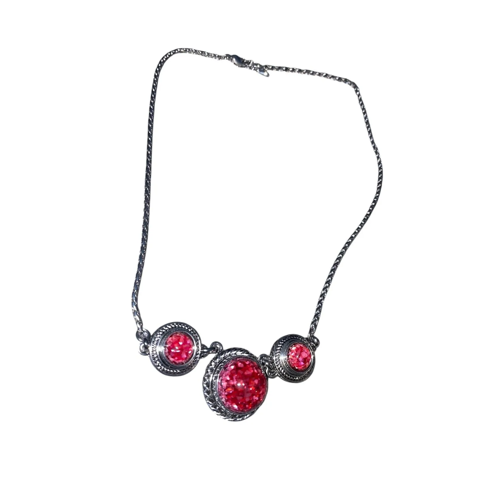 Red Crystal Necklace & Bead Bracelet Set Silver Tone‎ Vintage Glam - Image 2