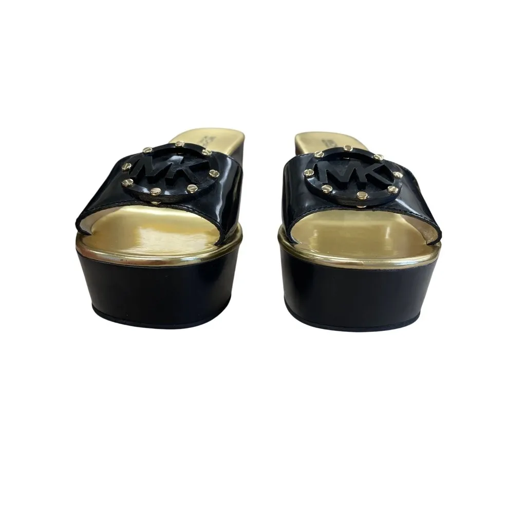 Michael Kors Womens Black Gold Leather Slip On Wedge Sandals Size 7M SKU 8488 - Image 6