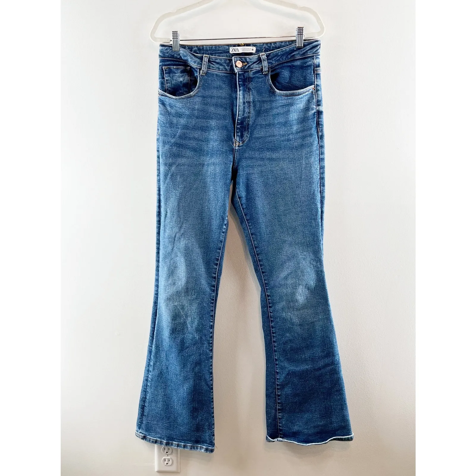 ZARA High Rise Flare Leg Denim Jeans Dark Wash 12 - Image 2