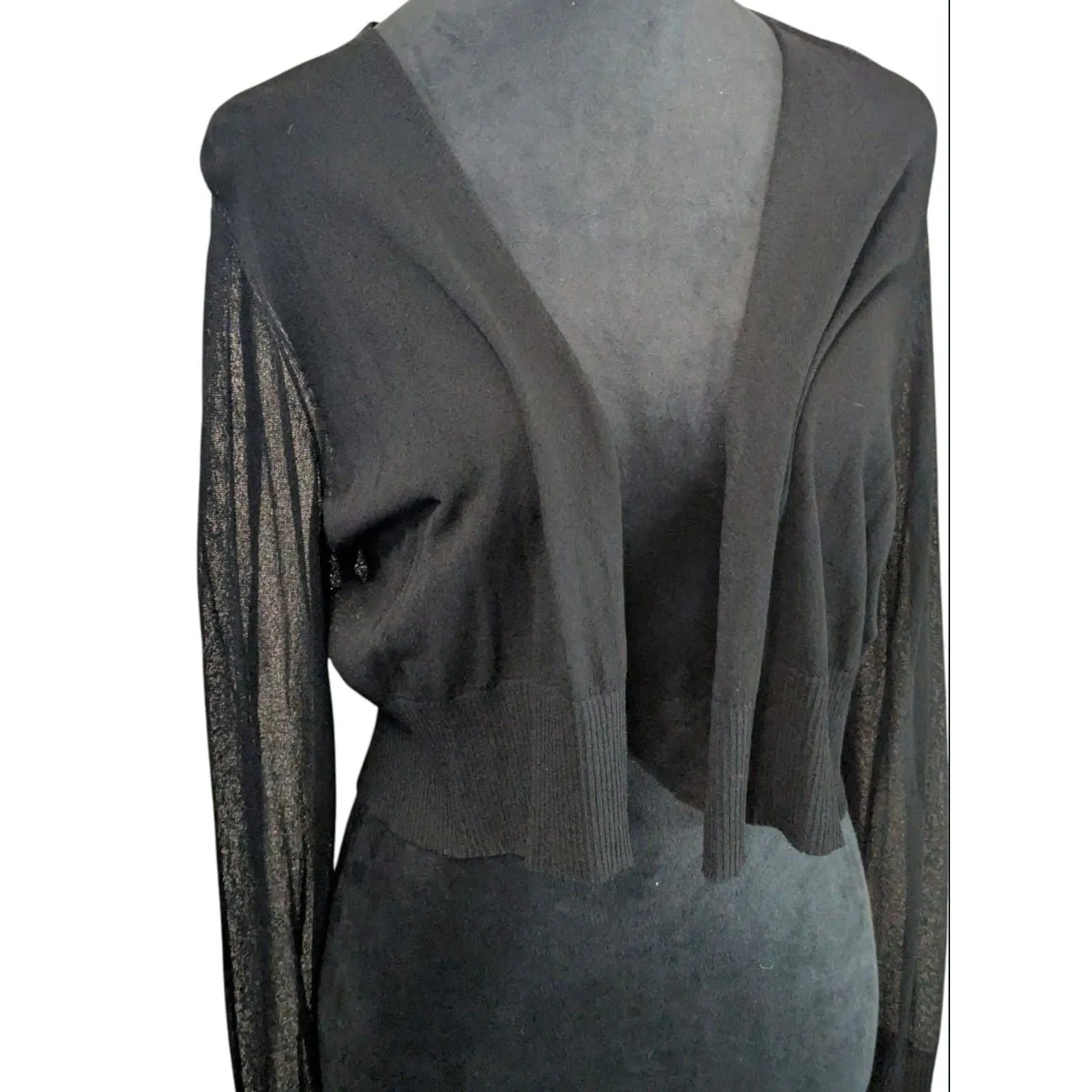 EILEEN FISHER Cropped Cardigan M Sheer Knit Italian Yarn Black Quiet Luxury - Image 2