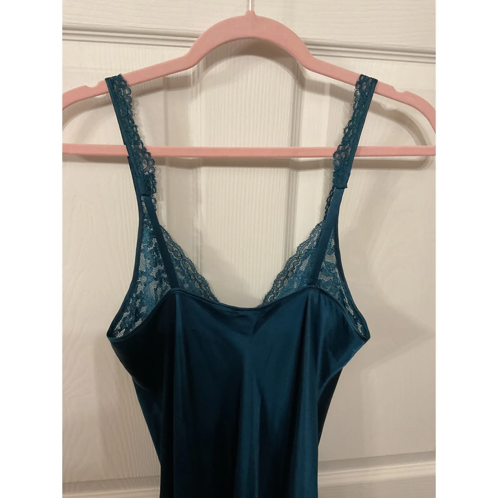 Vintage Victoria’s Secret Gold Label Satin Lace Teal Slip Side Slit Gown, M - Image 7