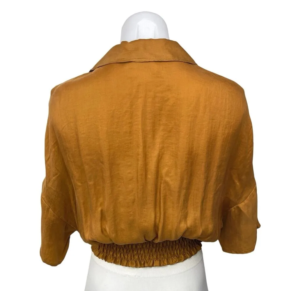 Zara Brown 3/4 Sleeve Collared Pocket Smocked Button Up Crop Shirt Top Size M - Image 2