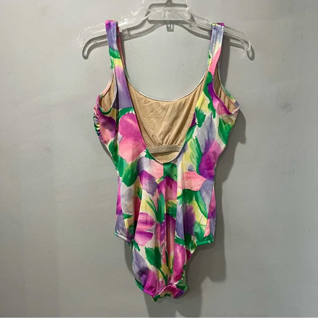 Vintage 80s 90s Lands' End One Piece Swimsuit Womens 16 Tropical Print w/bra - Image 5