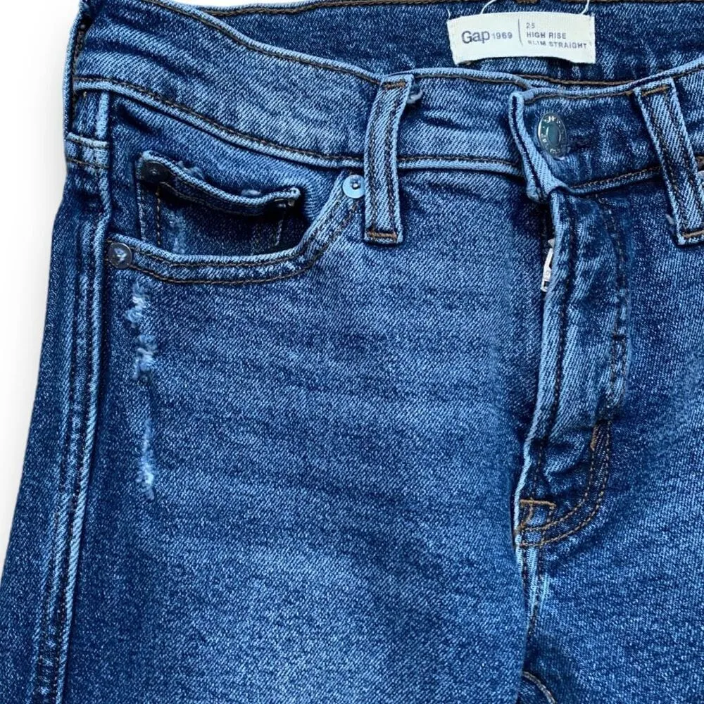 Gap 1969 High Rise Slim Straight Jeans Blue Distressed Frayed Destroyed Hem - Image 4