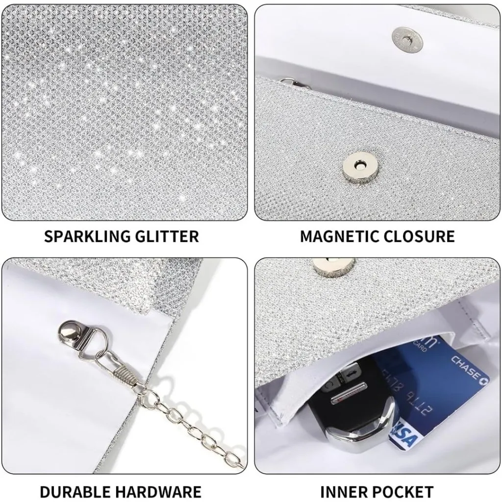 ⚡ Women's Silver Evening Sparkling Button Closure Party Wedding Clutch Handbag - Image 4