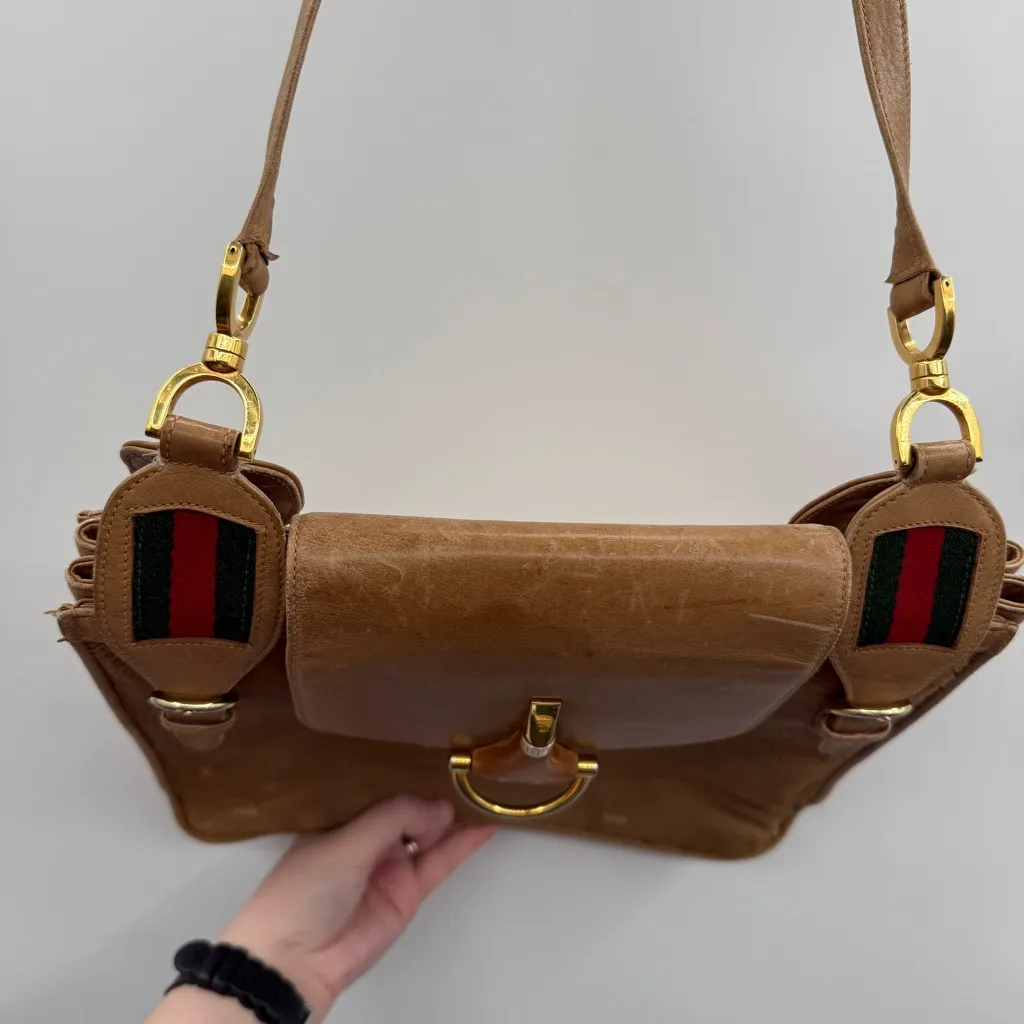 Vintage Gucci Tan Pony Hair Snap‎ Front Iconic Stripe Crossbody Bag 990014416 - Image 6