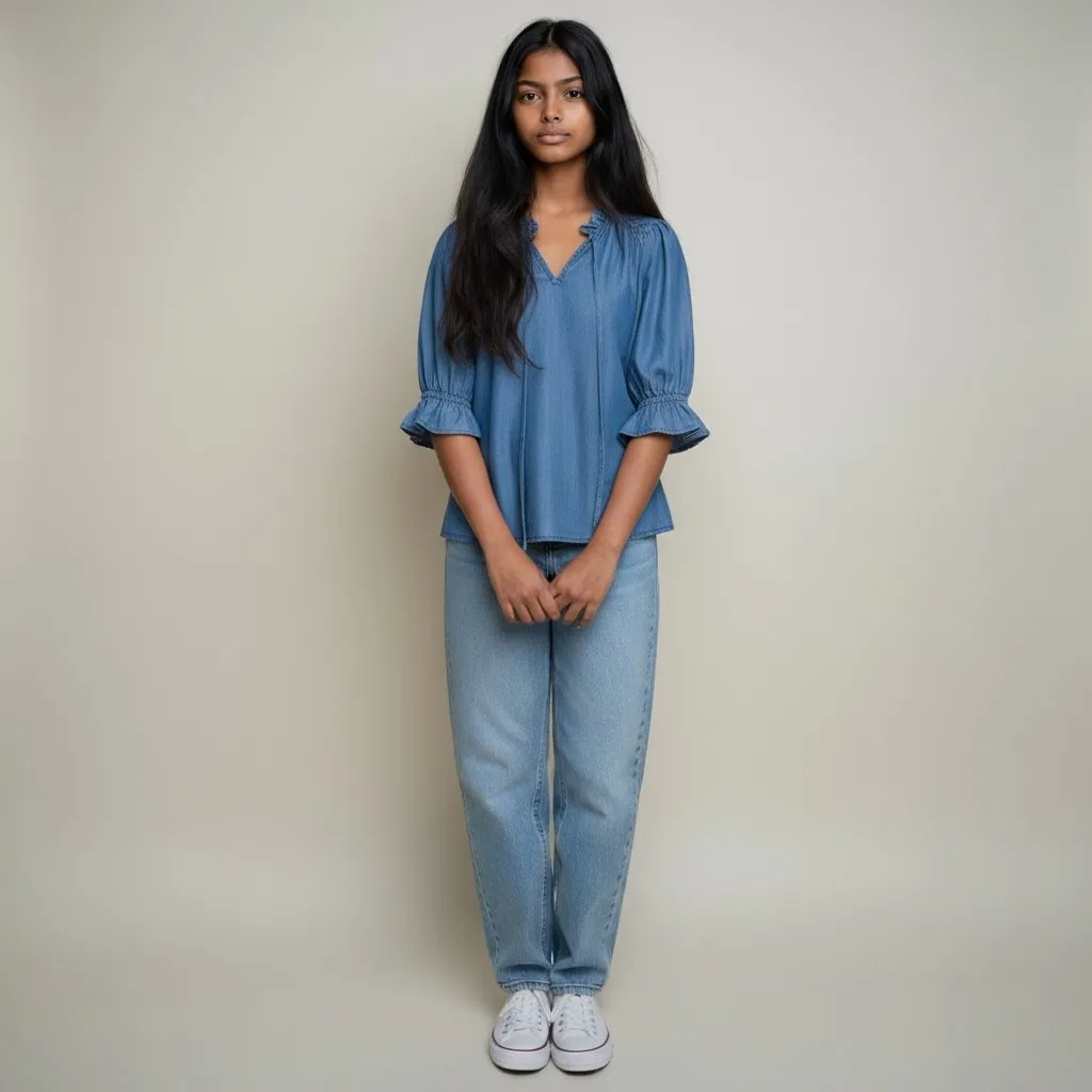 Draper James RSVP Denim Chambray Ruffle V Neck 3/4 Sleeve Blouse Top S‎ Blue - Image 2
