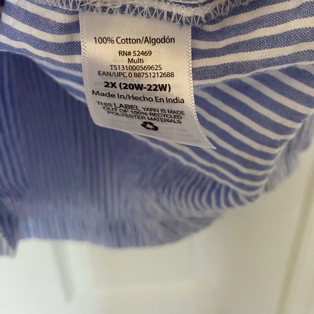 Terra Sky Women Blouse 2XL 100% Cotton Long Sleeve Blue Stripe Coastal Preppy - Image 3