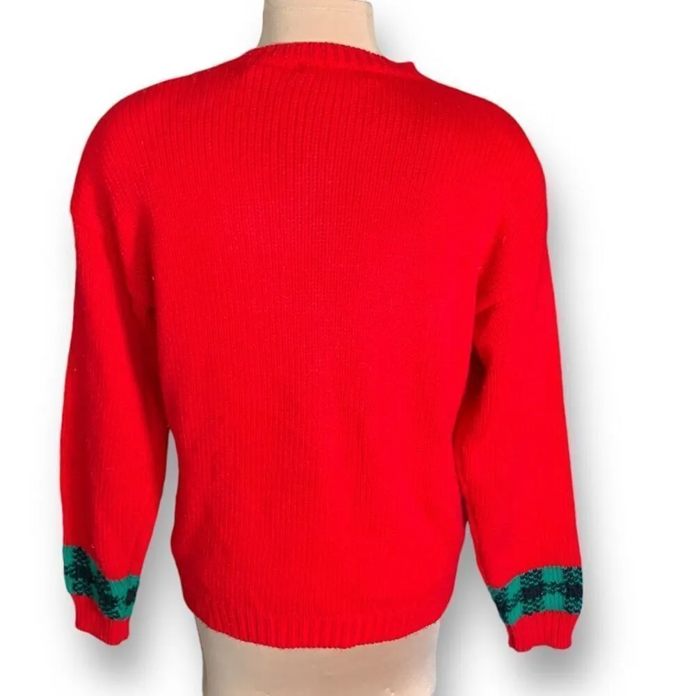 Vintage 90s Knit Cardigan Sweater Round Neck Bright Red Scottie Plaid Pattern Size M - Image 4