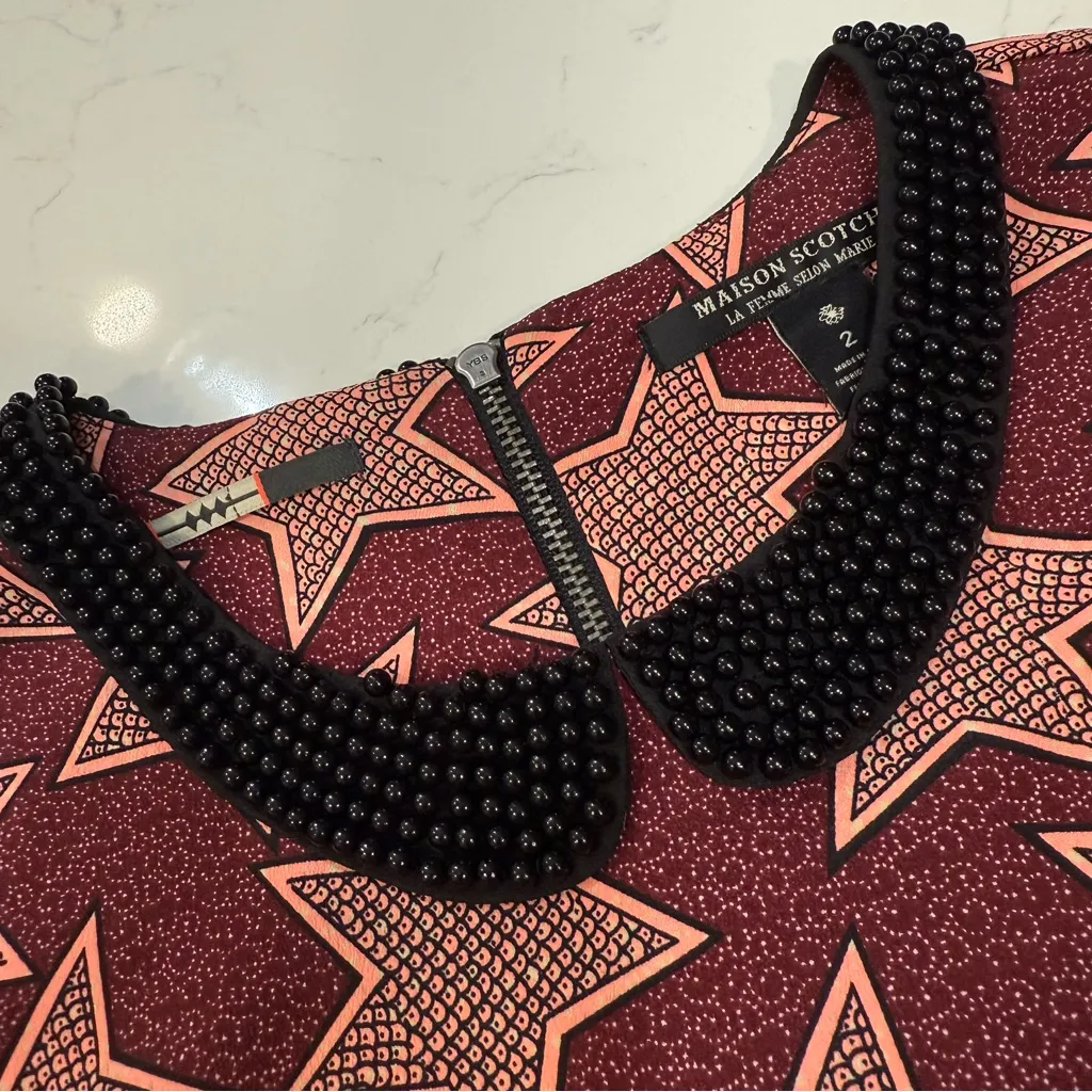Maison Scotch Maroon and Coral Star Blouse with Beaded Peter Pan Collar (2) - Image 3