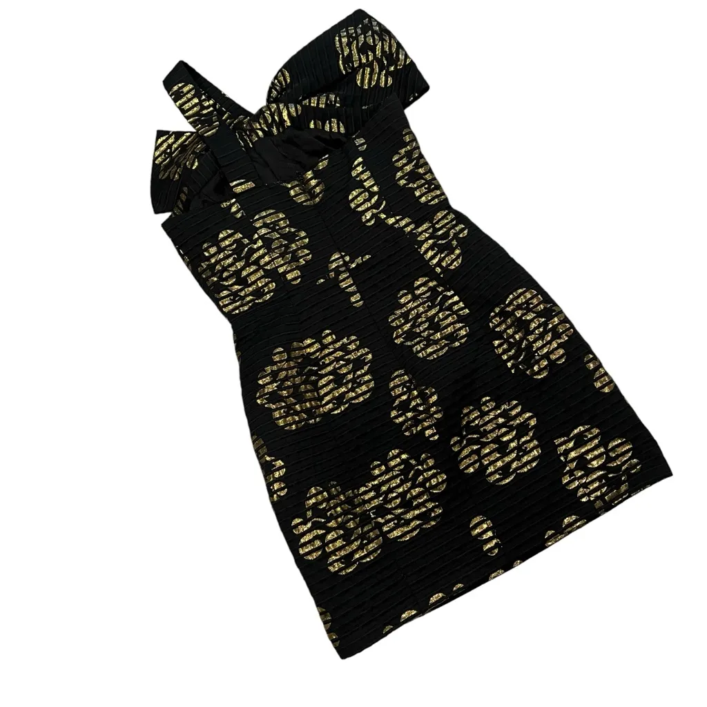 Milly of New York Black Gold Metallic Textured One Shoulder Bow Mini Dre… Size 2 - Image 9