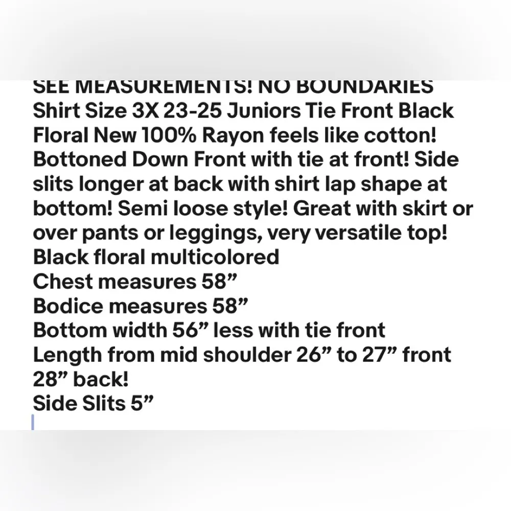 NO BOUNDARIES Shirt Size 3X 23-25 Juniors Tie Front Black Floral New - Image 9