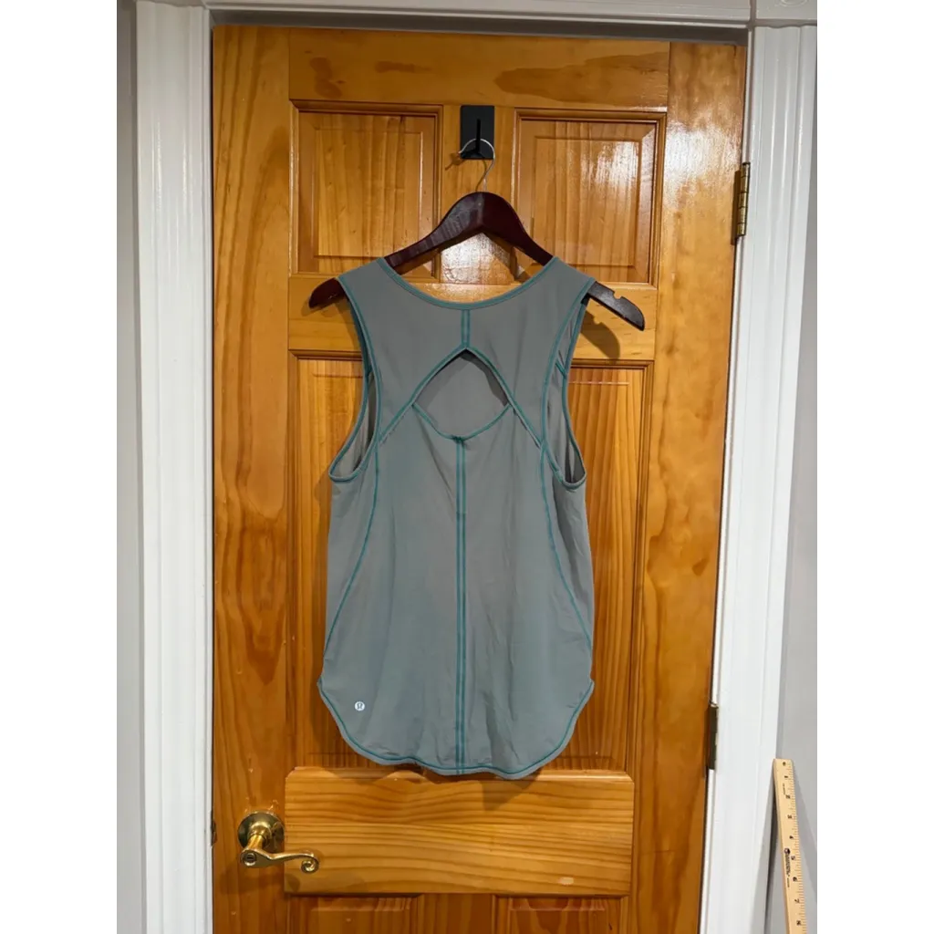 Lululemon Gray Teal Stitch Racerback Tank Open Back Mesh Panel Yoga Top - Image 3