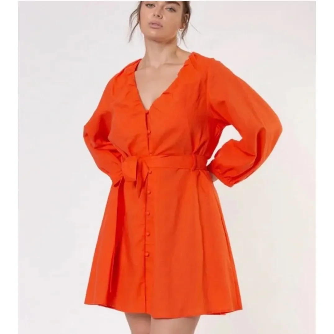 The‎ Lullaby Club NWT Hollie Linen Cotton Coral Orange Belted Shirt Dress S/M Size M - Image 3