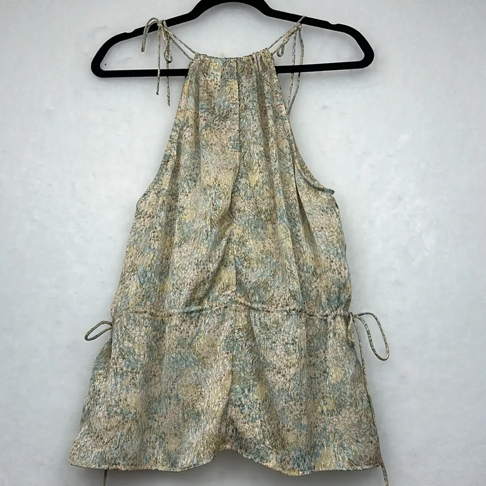 Drawstring Top Peplum Spaghetti Strap Flowy Tank Top Neutral Sz M - Image 6