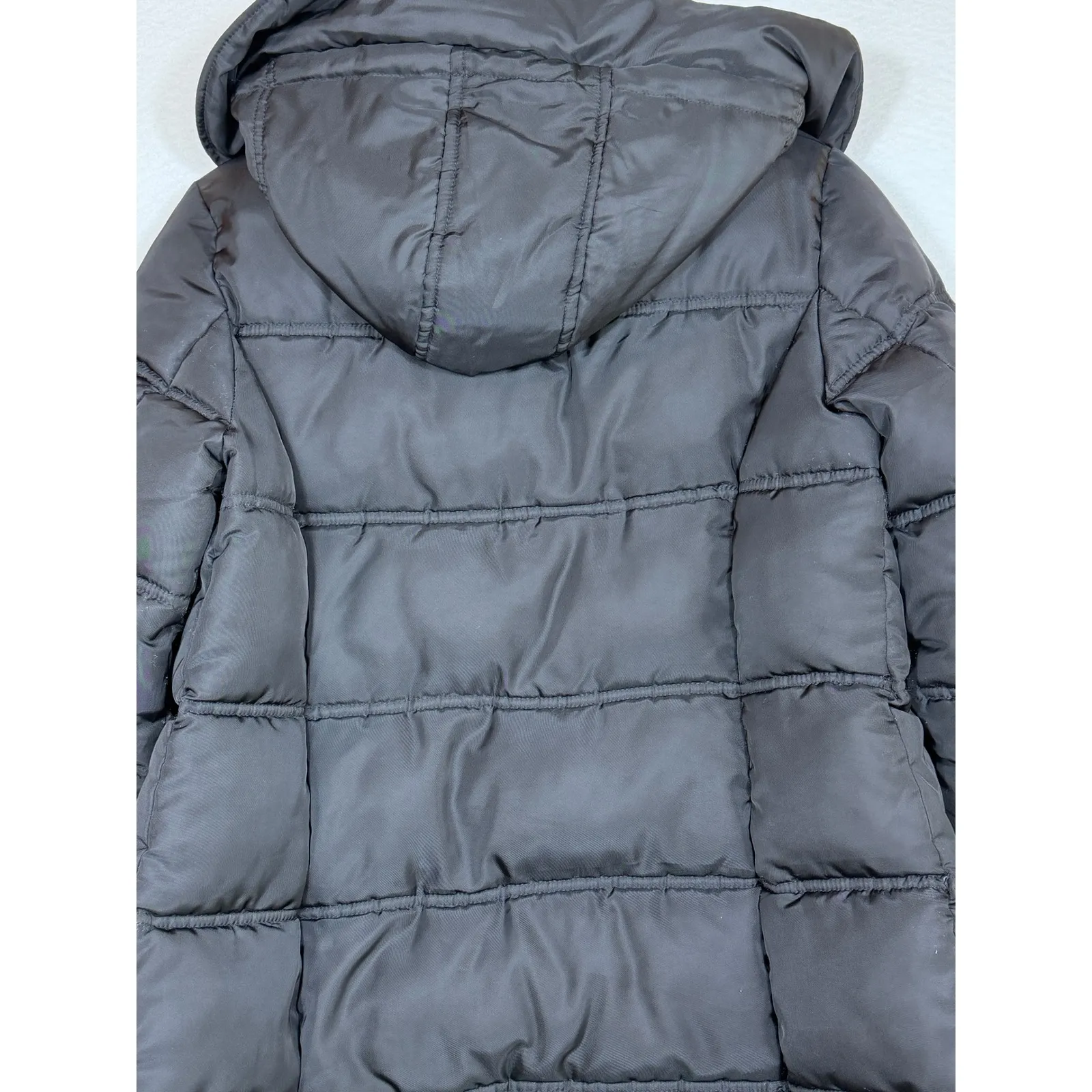 Jessica Simpson Puffer Coat Hooded Faux Fur Trim Black Gold Zip Women's M - Image 15