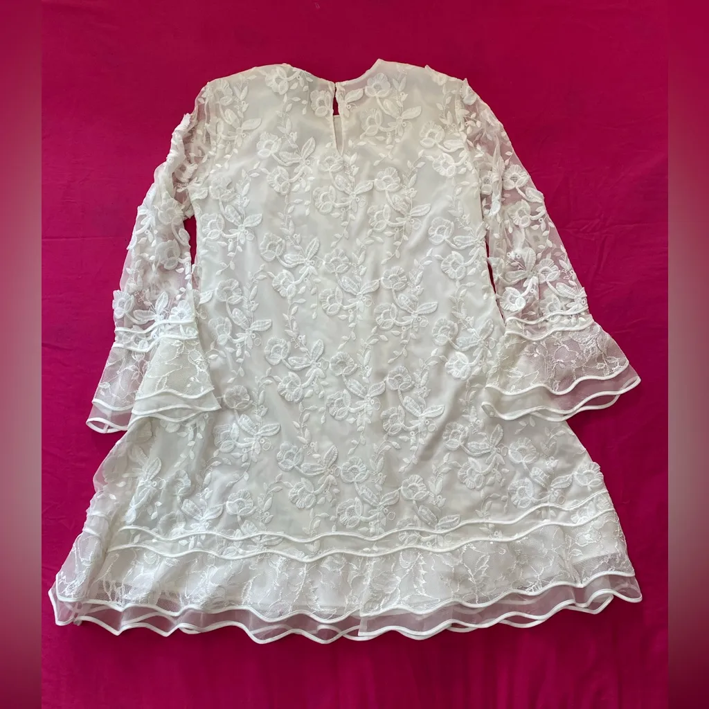 Sachin & Babi Women’s Size 8 White Lace A-Line Dress Long Sleeve Floral Relief - Image 3