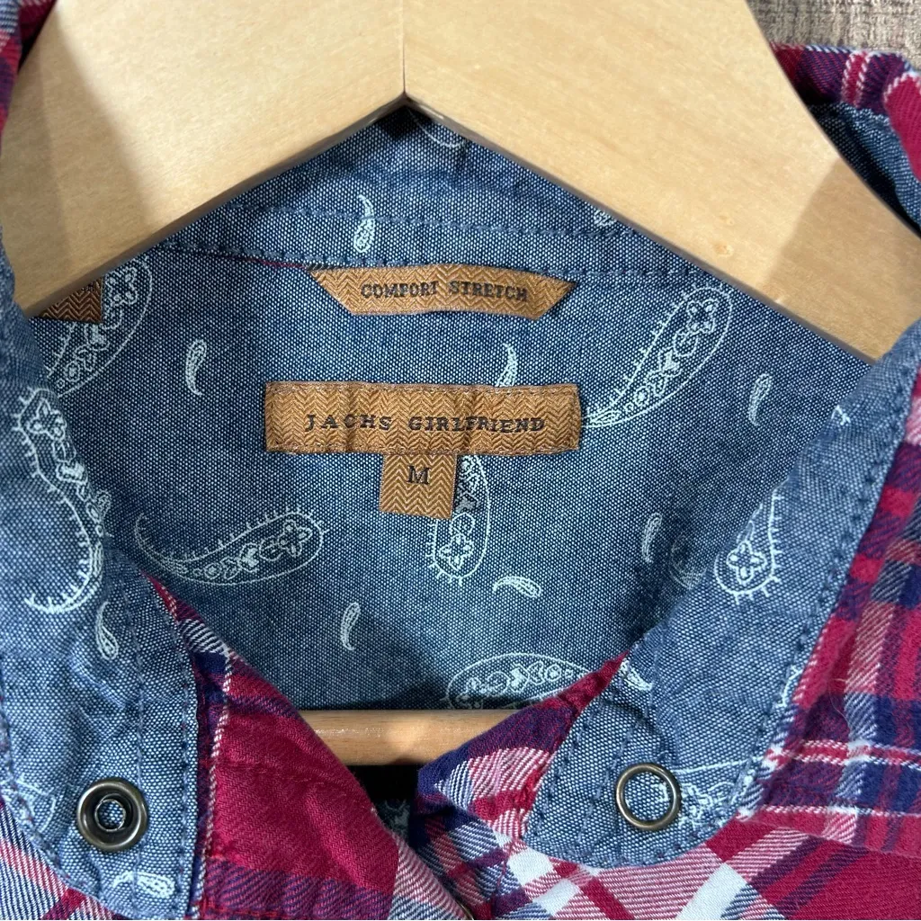Jachs Girlfriend Western Plaid Snap Shirt Red Navy Flannel Stretch Medium - Image 2