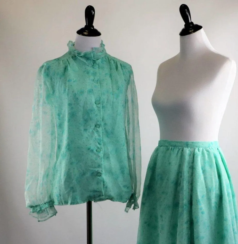 Vintage 70s Seafoam Chiffon Floral Print Blouse and Skirt 2 Piece Set Large - Image 2