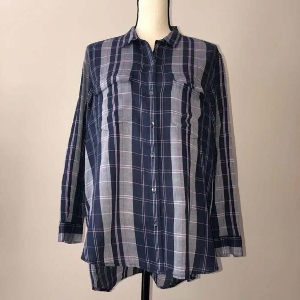 Plaid Top Lou & Grey Size M Button Down Tunic Length Purple Shirt Long Sleeve - Image 3