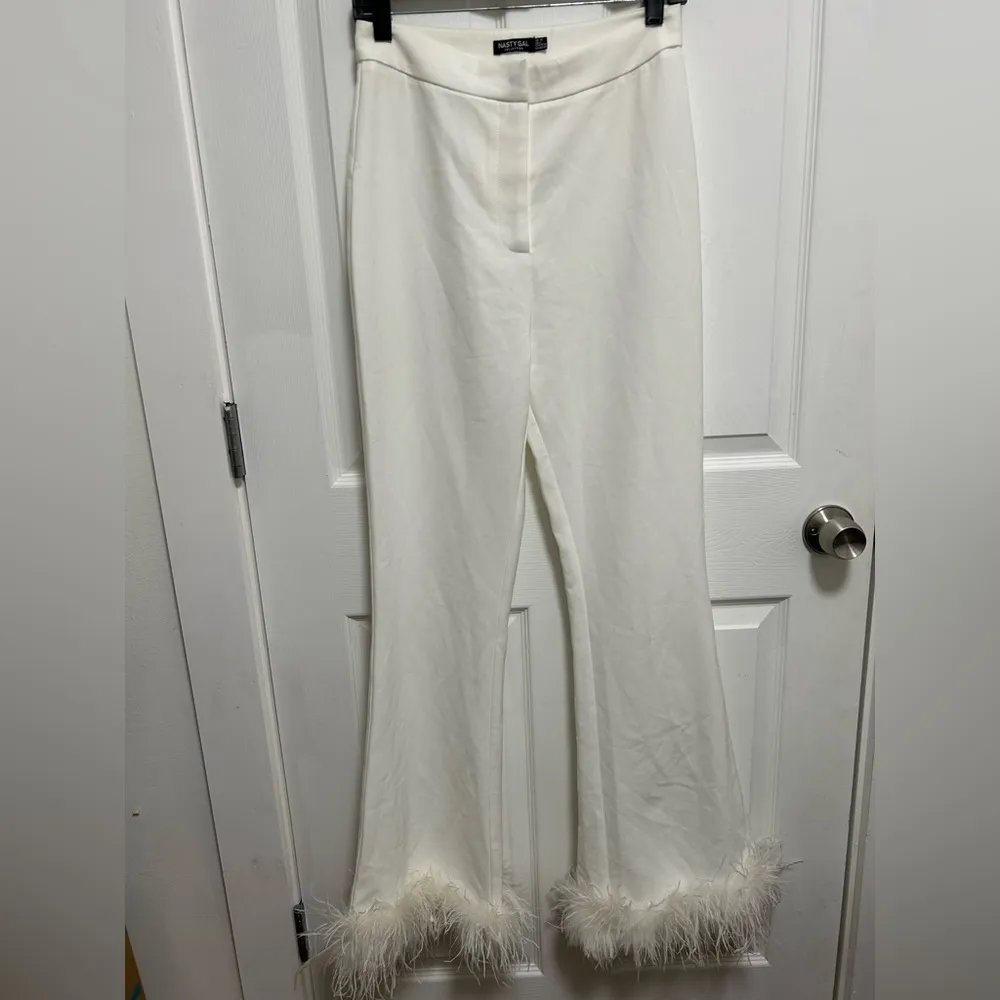 Nasty Gal White Flare Pants with Faux Fur Trim - Image 3