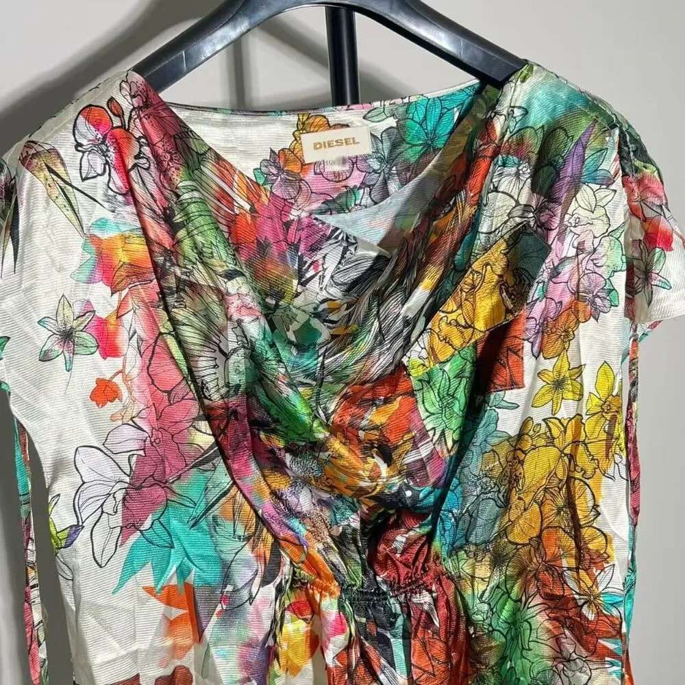 NWOT Diesel Multicolor Floral Print Draped Top Blouse Oversized Size S Woman - Image 2