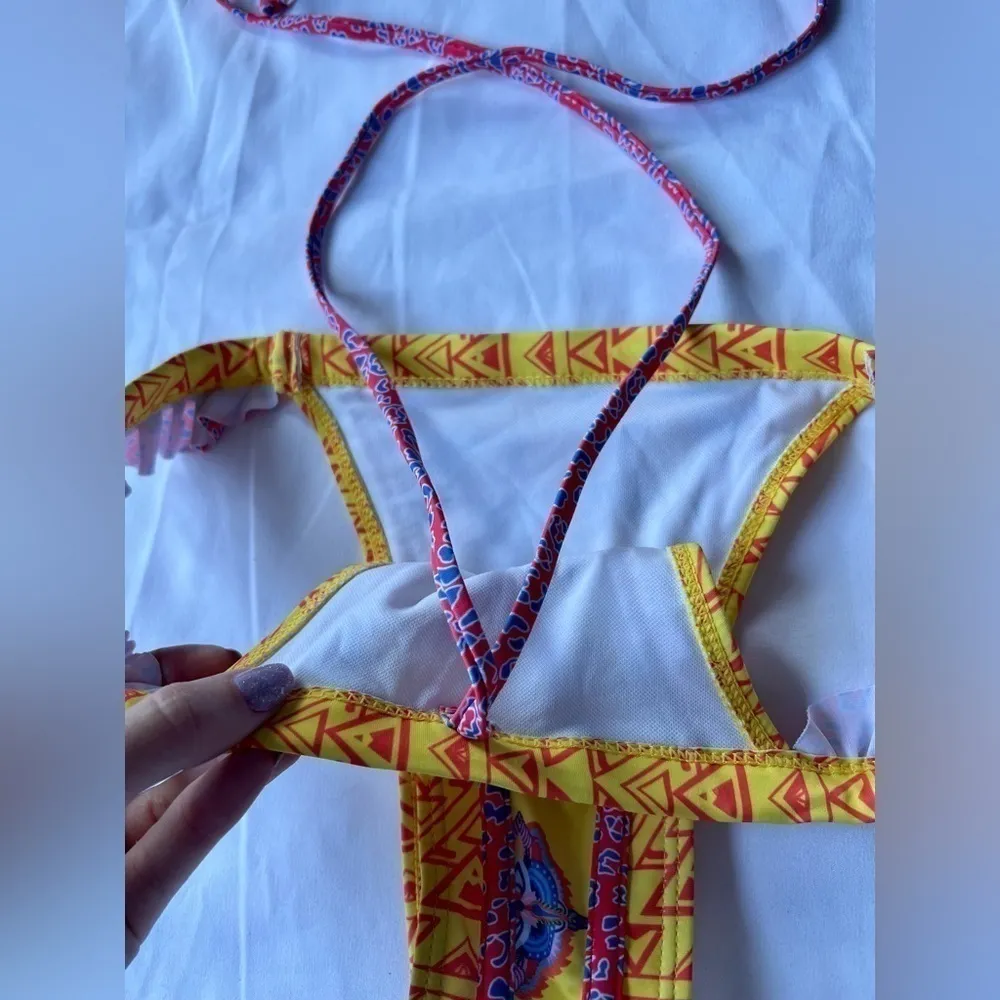 Boho Floral Geo Print Yellow Bikini Bottoms Small - Image 5