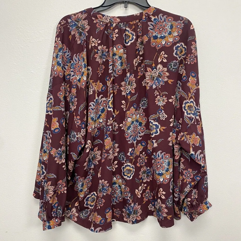 AGNES & DORA Top XL Button Down Peasant Floral Long Casual V-Neck Maroon - Image 6