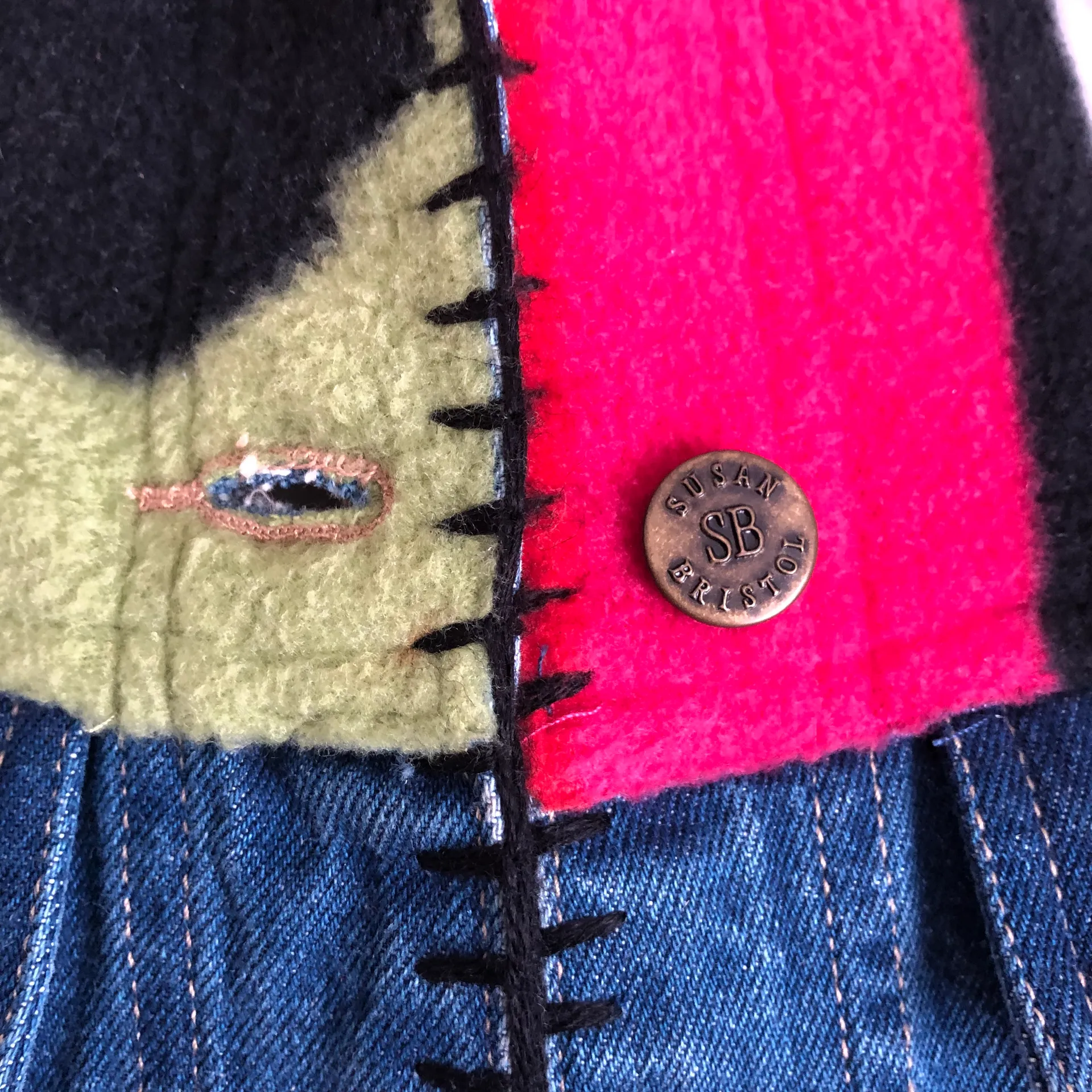Vintage 80s SUSAN BRISTOL Fleece PATCHWORK Blue Denim JEAN JACKET Womens Size M - Image 6