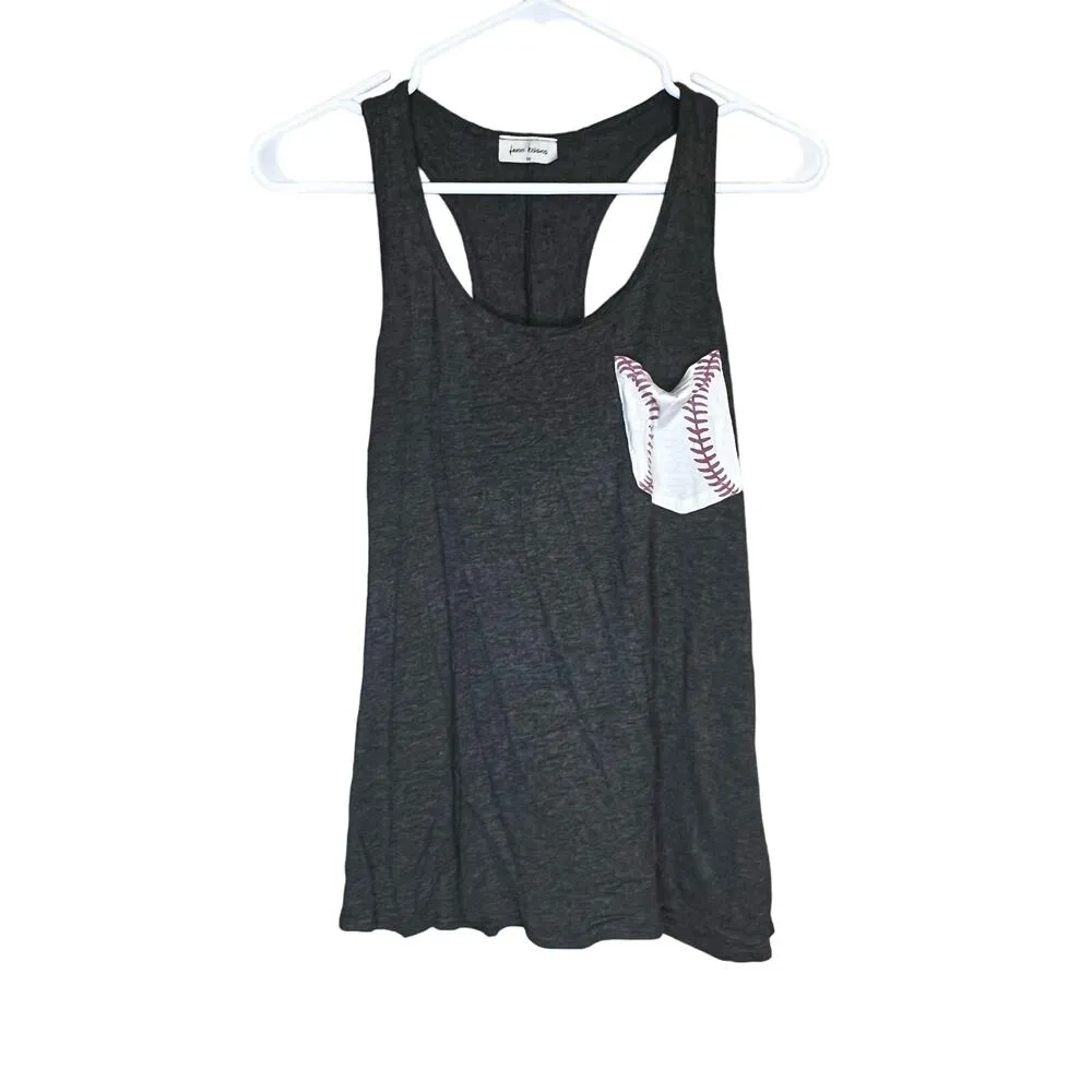 FREE KISSES Dark Gary Baseball Graphic Pocket Sleeveless Racerback Tank Medium - Image 2
