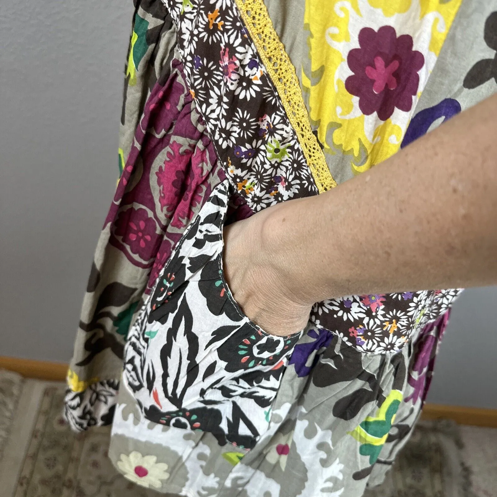 Double D Ranch Womens Drop Waist Tunic Dress Size S Floral Patchwork Ribbon Trim - Image 4