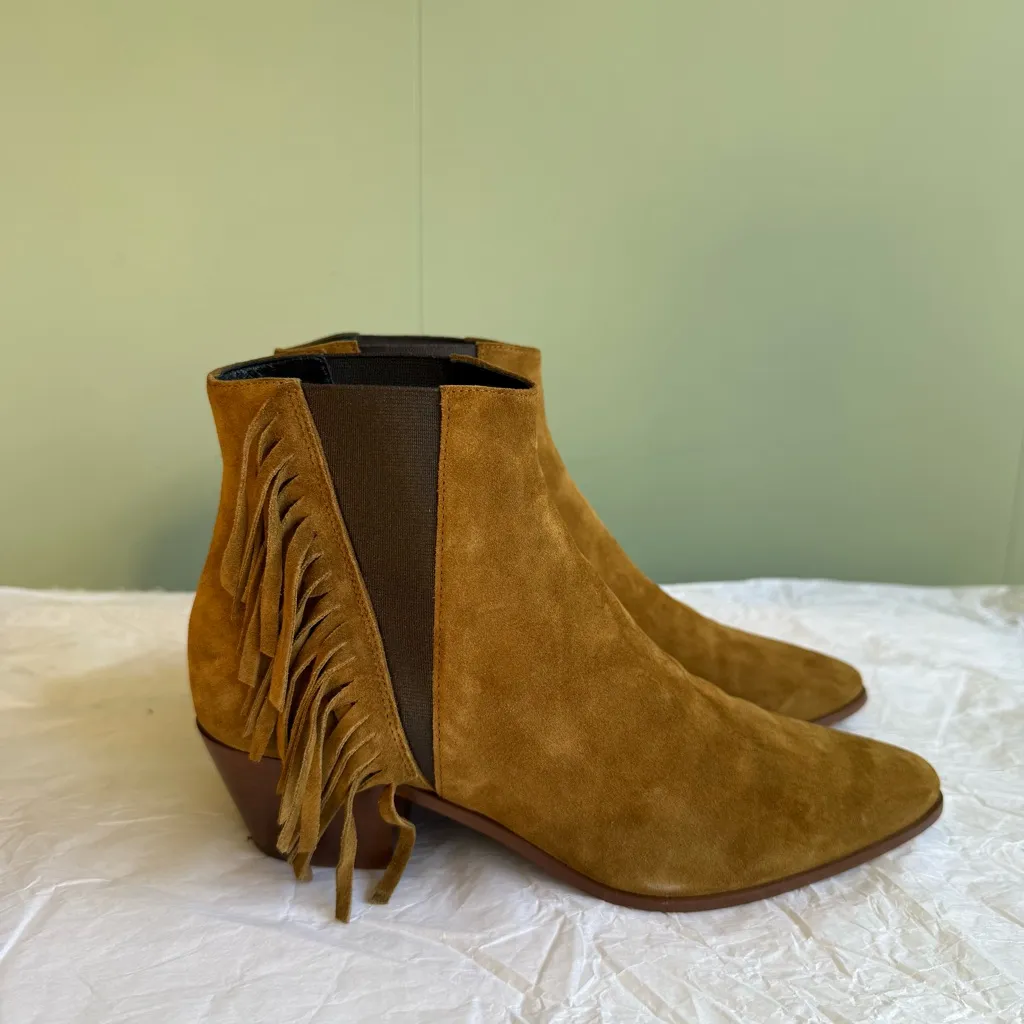 Saint Laurent Rock 40 Tan Suede Chelsea Boots w/ Fringe, Size 37, Box + Dustbags - Image 5