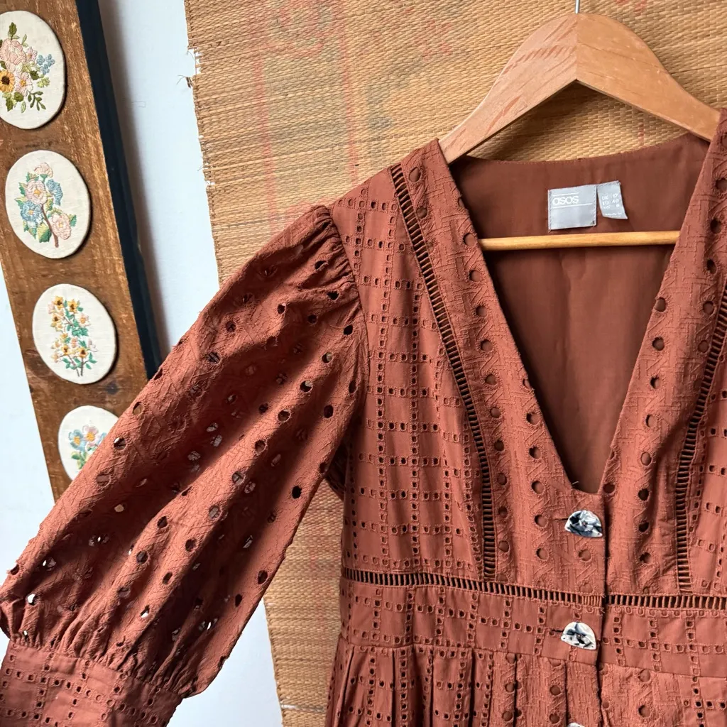 ASOS Design Brown Boho Eyelet Midi Dress - Image 5