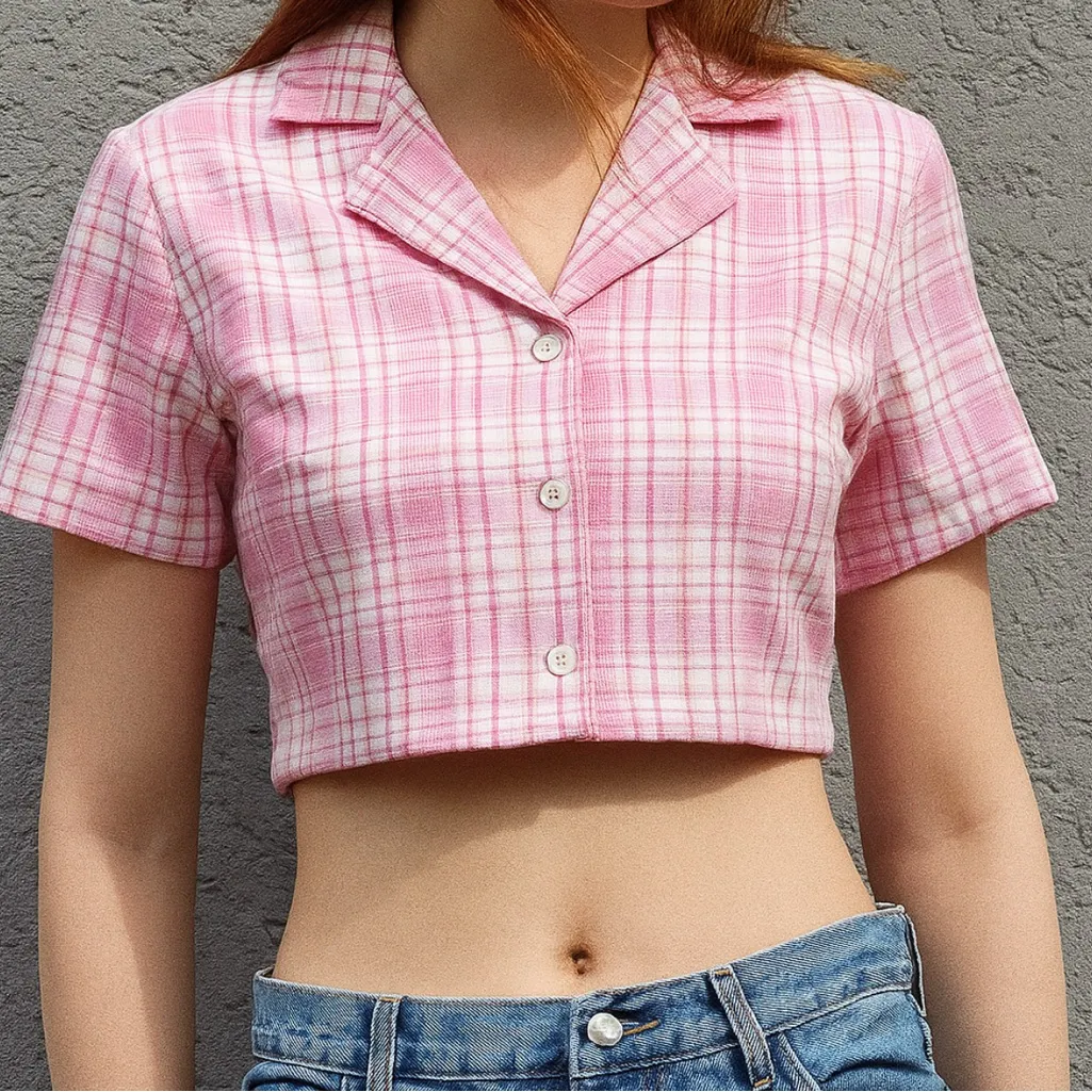 💖Brandy Melville Pink and White Plaid Vivian Cropped Button Top - Image 4