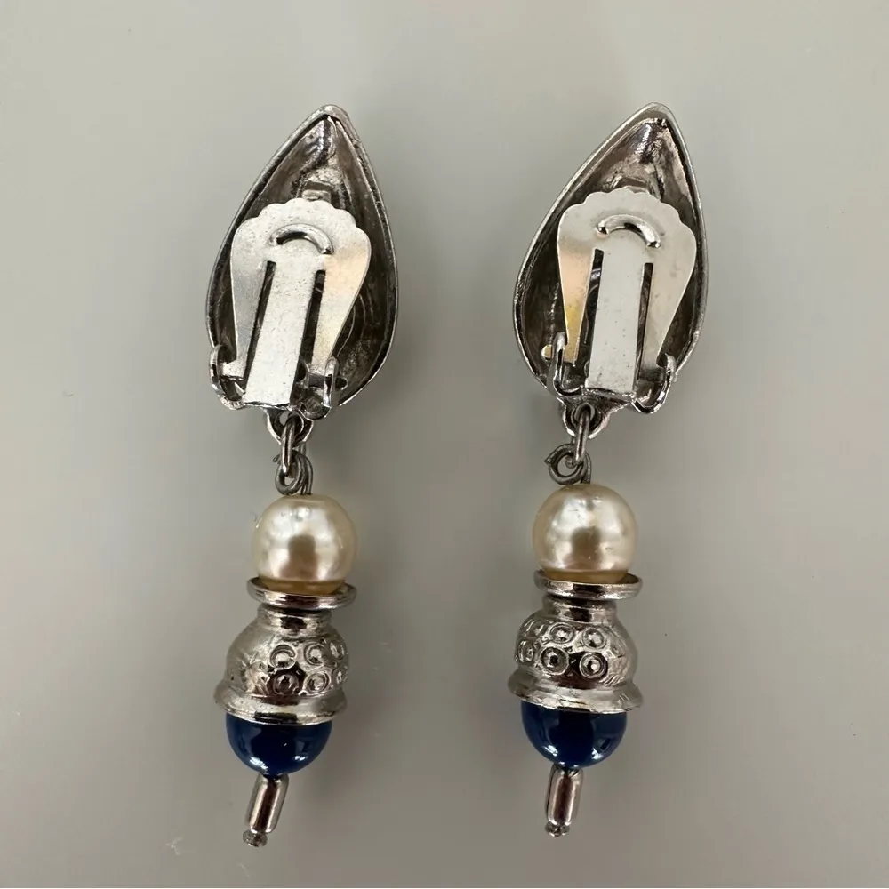 Vintage Silver Tone Clip On Drop Earrings with Pearl and Cobalt Accents - Image 5