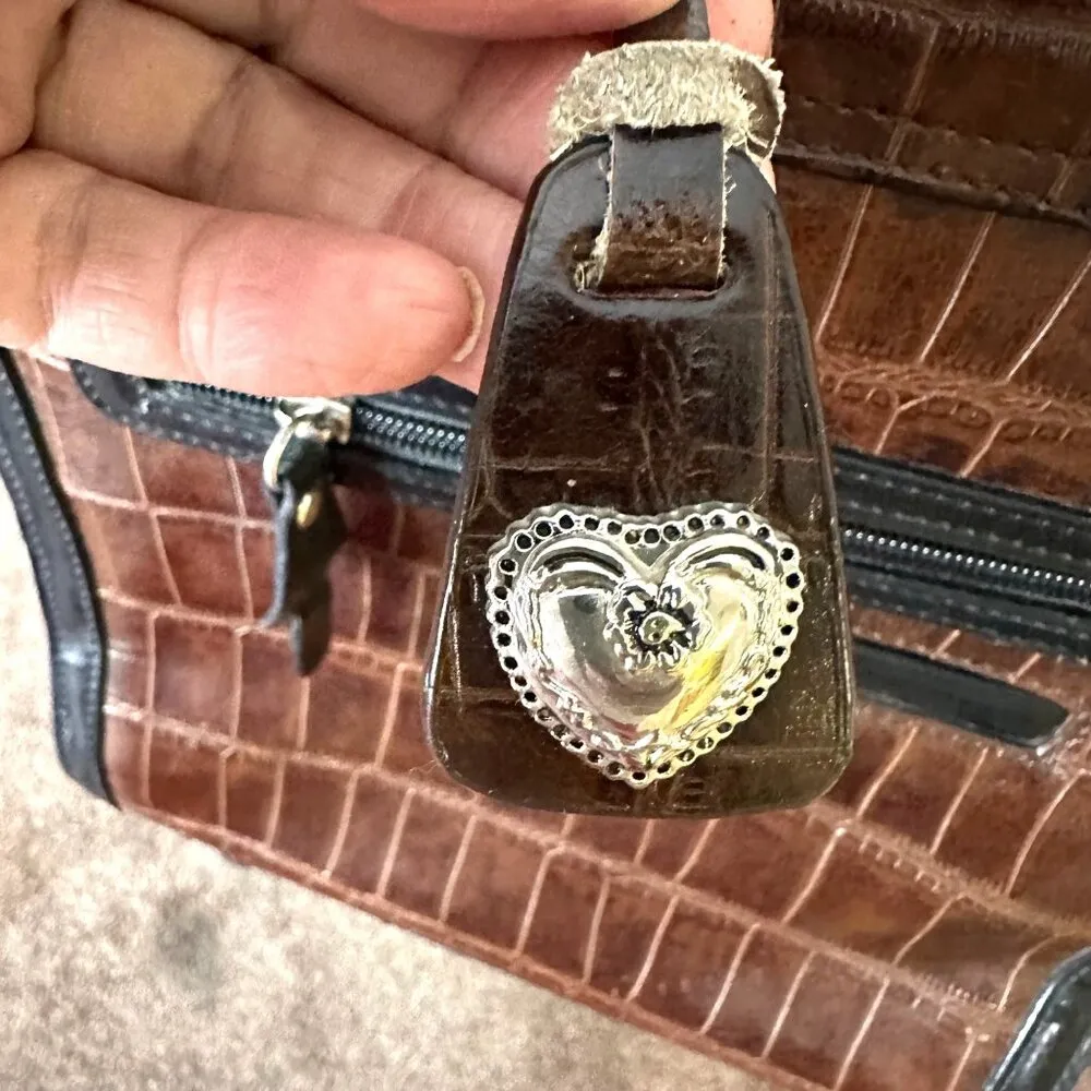 Marc Chantal Croc Embossed Soft Faux Leather Shoulder Handbag Heart Accent Brown Black - Image 11