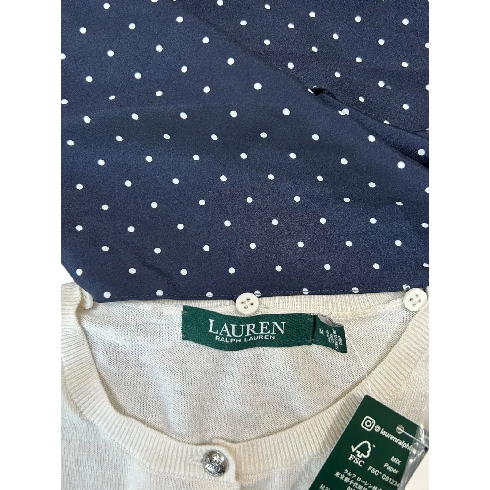 Lauren Ralph Lauren NWT Button Front Cardigan‎ Sweater Polka Dot Scarf Sz Medium - Image 5