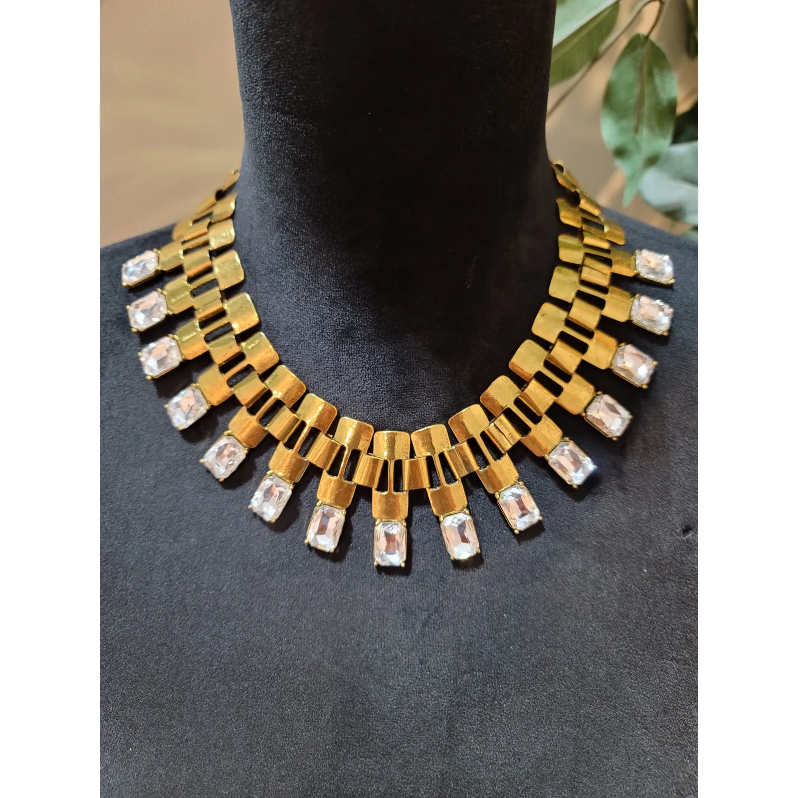 Women's Gold Tone Statement Necklace With Clear Rectangular Crystals By Qian Kuo - Image 2
