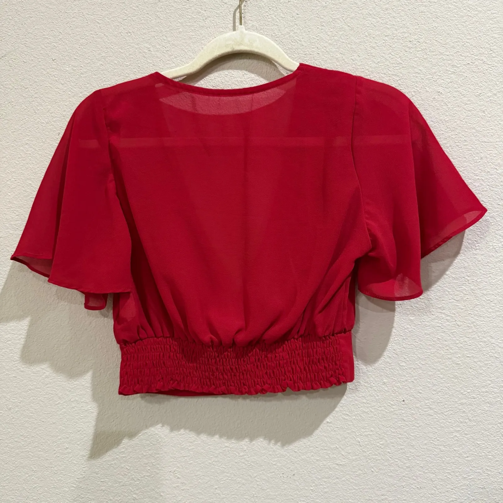 Shein Red Blouse XS Petite Surplice V Neck Short Sleeve Crop‎ Top - Image 5