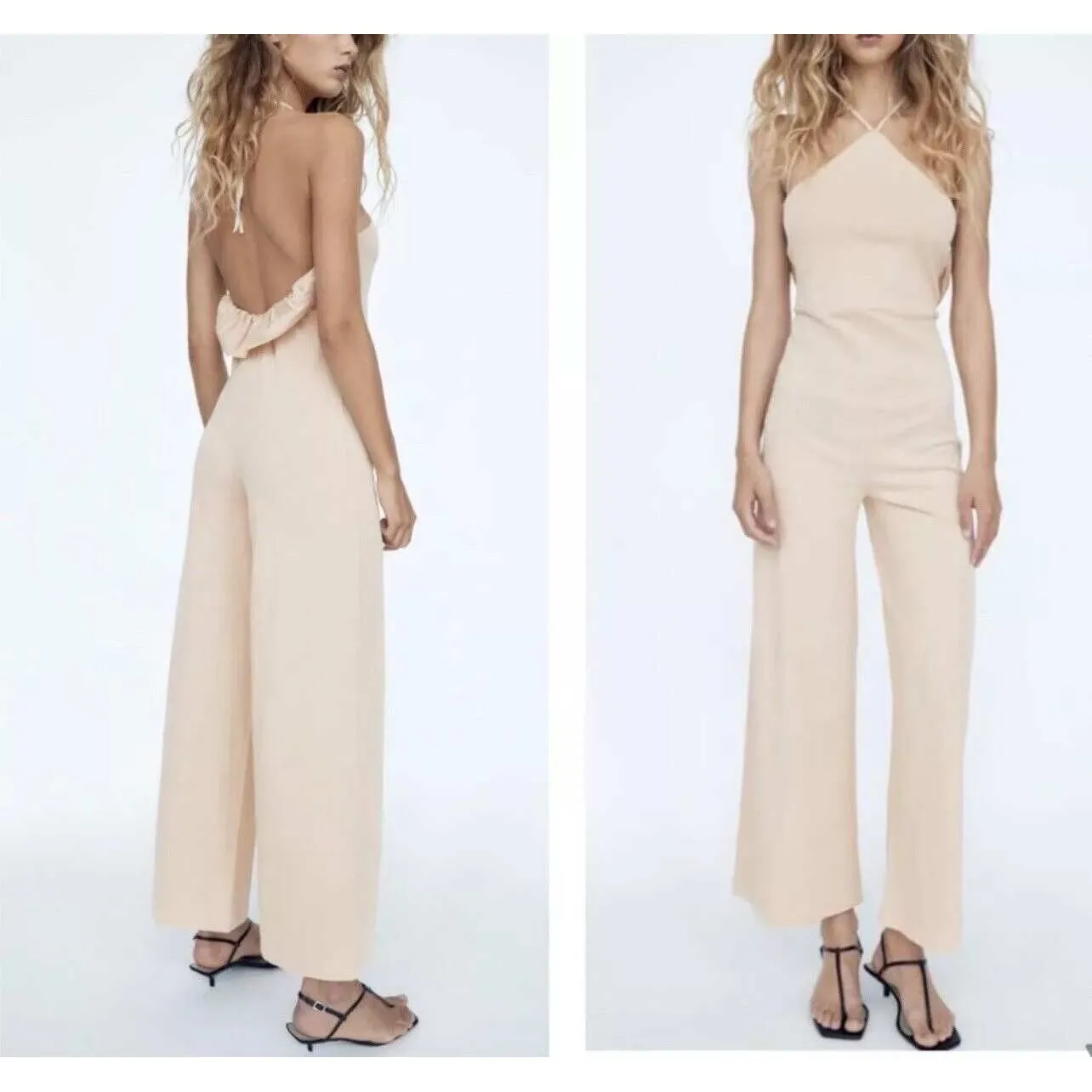 Zara Halter Ruffle Back Wide Leg Jumpsuit Beige Size Small Cotton Stretchy NWT - Image 4