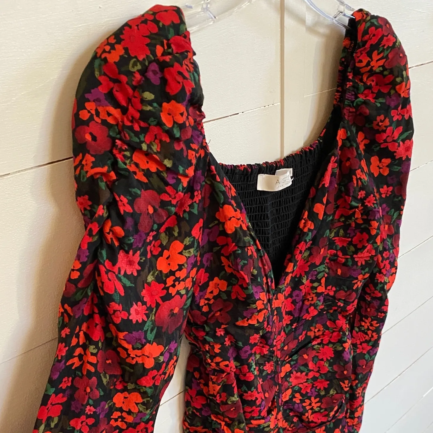 ASTR The Label Jamila Red Floral Puff Sleeve Ruched Bodycon Midi Dress M EUC - Image 9