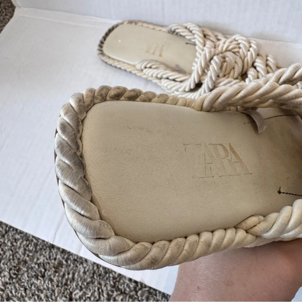 Zara Beige Rope Knot Slip On Sandals Slides Womens 9 Beachy Nautical Shoes - Image 3