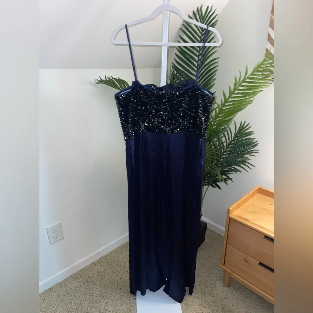 Badgley Mischka Jumpsuit Womens 16 Blue Black Rose Sequin‎ Satin Wide Leg - Image 6