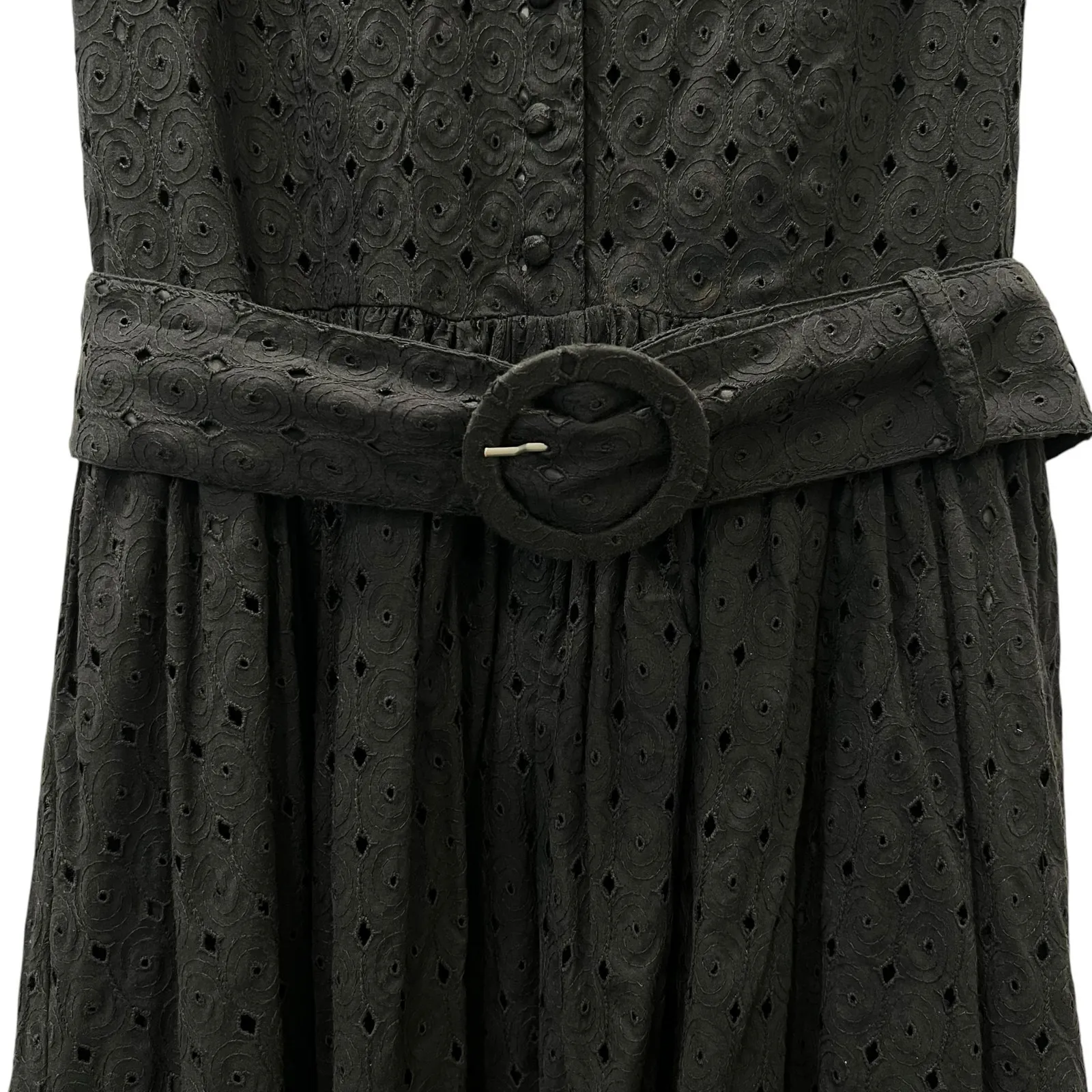 H&M Black Midi A-Line Sleeveless Eyelet Dress Belted Size 8 Lined - Image 4